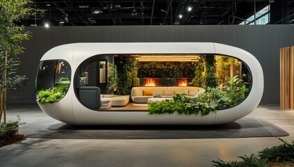 Fototapeta premium Futuristic Biophilic Capsule: Modern Living Space