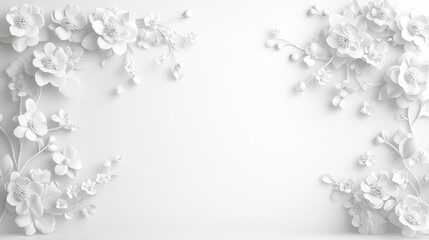 Elegant white floral background with delicate 3D flowers and leaves, perfect for invitations or decor.