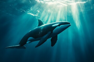 Naklejka premium A graceful whale swimming in oceanic waters bathed in sunlight filtering through the waves