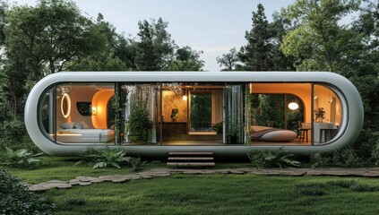 Fototapeta premium Futuristic Capsule Home in Serene Forest Setting