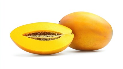Ripe mango halved, showing seed, on white.  Food photography for recipe websites