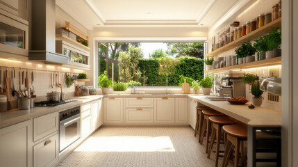 Fototapeta premium bright and airy bohemian style kitchen featuring eclectic decor, colorful plants, and natural light streaming through large windows. space is inviting and warm, perfect for cooking and gathering