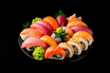 Beautifully Arranged Sushi Platter with Vibrant Colors on Solid Background - fast foods stock-image