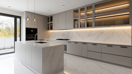 Modern French kitchen with sleek cabinetry, marble countertops, and stylish lighting. open layout features central island, creating bright and inviting space for cooking and entertaining