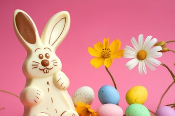 Obraz premium A spring composition of a white chocolate easter bunny and eggs over pink background