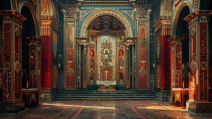 Obraz premium Majestic Interior of an Ornate Church Featuring Cultural and Religious Elements in Rich Colors and Detailed Artwork
