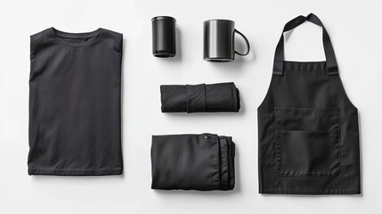 Collection of black objects on a white background Black cotton bag folded tshirt kitchen apron and metal mug Flat lay Top view