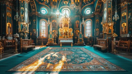 Obraz premium Stunning Interior of an Ornate Church Showcasing Rich Culture and Religious Artistry in Warm Light