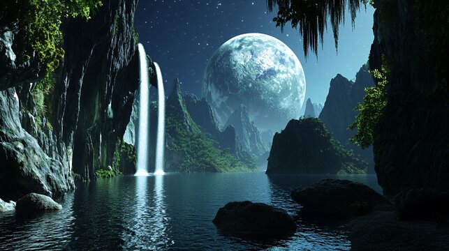 Night Landscape with Waterfall and Full Moon