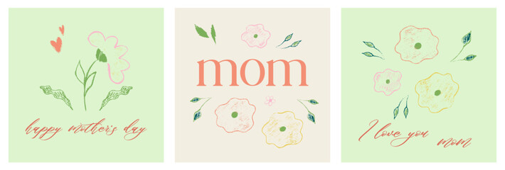 Trendy crayon Mother's Day in nude, beige color. Spring crayon flower for holiday design. Mother day design with chalk texture. Vector illustration template