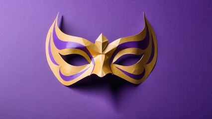  a vibrant golden mask with purple accents resting on a smooth purple backdrop