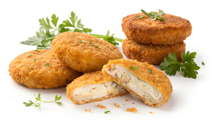 Golden, crispy chicken patties or fish cakes, perfectly fried in breadcrumbs, isolated on a clean white background.