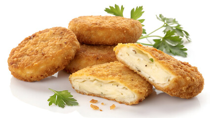 Golden, crispy chicken patties or fish cakes, perfectly fried in breadcrumbs, isolated on a clean white background.