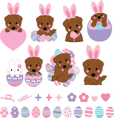 cute dog easter clipart, fluffy dog bunny ears, brown puppy easter basket, pastel easter eggs dog, adorable puppy easter art, kawaii dog with eggs, spring holiday pet clipart