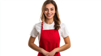 Modern Caucasian waitress wearing a red apron isolated on white