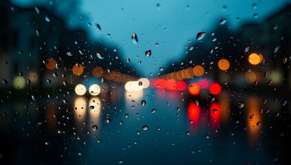 Blurred City Lights Through Raindrops on Glass