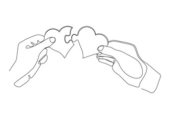 Continuous single line of palm hand holding love heart jigsaw puzzle for valentine day relationship or health care abstract sketch drawing vector illustration