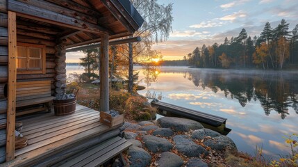 Tranquil Cabin by Serene Lake during Sunrise with Autumn Colors and Misty Reflections in the Background