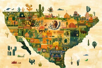 Artistic Illustrated Map Depicting Mexican Culture and Landmarks Beautifully