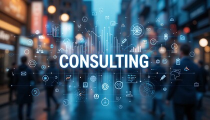 Consulting Expertise. A Dynamic Visual, Featuring Blurred Figures, Symbolic Icons And Bold Text. Modern Business Strategy, Professional Advice. Innovation And Technological Solutions Are Represented.