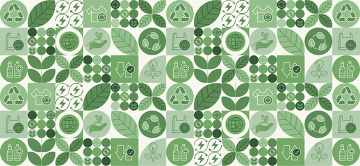 Recycling day. concept for world environment and sustainable development, recycling symbols, bins, plastic bottles, and carbon emission reduction. Illustrated with a green pattern natural shapes.