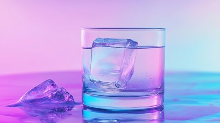 Ice Cube In Glass With Pink And Blue Gradient Lighting/Description/A