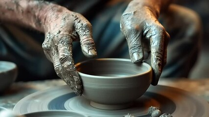 Skilled artisan shaping a clay bowl on a pottery wheel in a rustic workshop setting