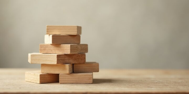 A haphazard stack of unfinished, light brown wooden blocks rests on a rustic wooden surface against a muted backdrop