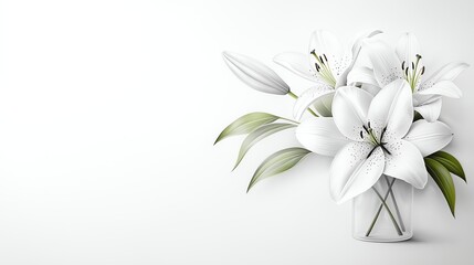 Obraz premium Elegant white lilies in a clear glass vase against a soft, minimalist background, conveying purity and simplicity.