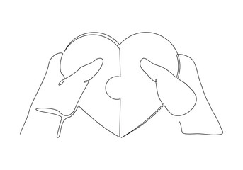 Continuous single line of palm hand holding love heart jigsaw puzzle for valentine day relationship or health care abstract sketch drawing vector illustration