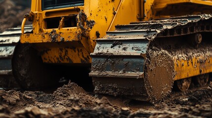 Close-up of a muddy bulldozer track.