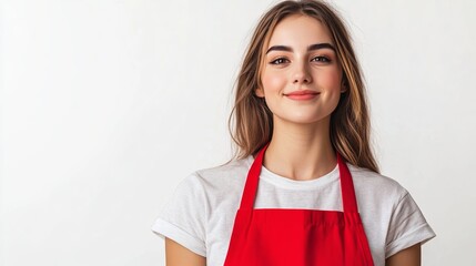 Young woman in a red apron isolated on a white background