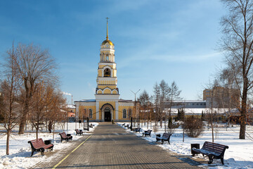 Holy Trinity Cathedral, city ​​of Engels, Saratov Region, Russia. Winter view of the bell...