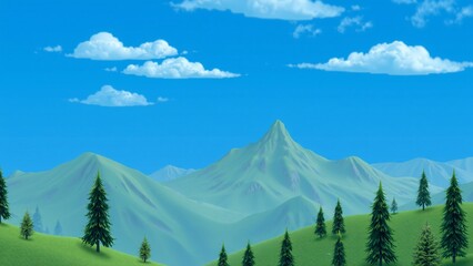 Idyllic Mountain Landscape Cartoon Style Green Hills and Blue Sky