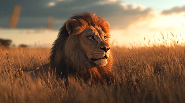 Majestic African Lion Resting in Natural Field Habitat - High-Quality Detailed Image for Wildlife Lovers