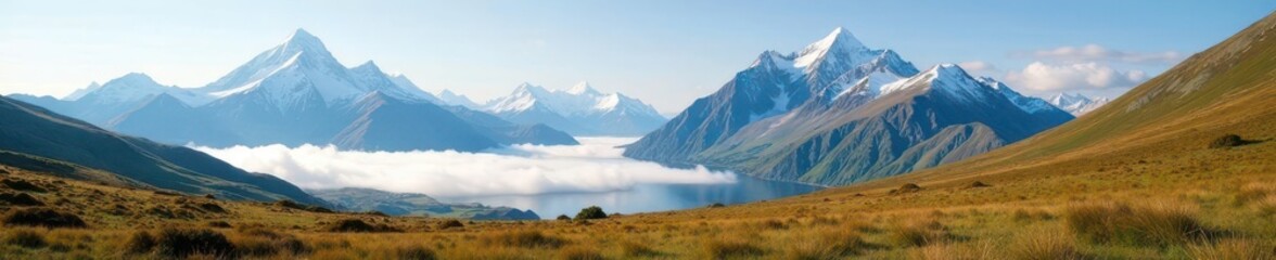Majestic peaks pierce clouds above Morsvikbotn's serene pasture , peaceful, texture, fantasy