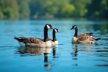 Obraz premium Group of geese peacefully floats on tranquil blue lake, outdoor, water, photography