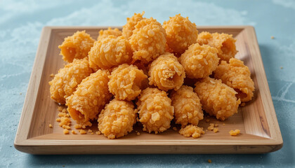 A plate of crispy Indonesian fried bananas, known as 'pisang goreng,' served on a wooden square dish. The bananas are coated in a light, golden-brown batter that appears crunchy and flaky.