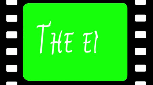 "The End"  credits, written white in a comical "on write" style font against a running film strip. Cartoon style, chroma key, footage, mockup