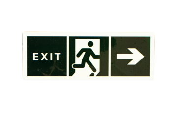 Fire EXIT black emergency exit sign sticker with running man icon isolated on cut out PNG or transparent background. Inside building come out safely. Fire escape sign hang Indicates route.