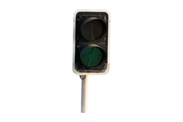 Traffic light show green light is display isolated on cut out PNG. Traffic lights red, yellow, green help organize traffic. Signal device various road intersections. Follow traffic rules on road.