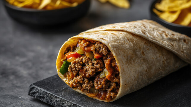 Food Addict Struggling with Fast Food Cravings, Juicy beef burrito with fresh vegetables on slate board