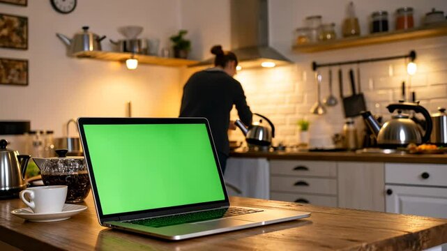 Laptop Computer Monitor Standing on a Desk with a Green Screen Chroma key. Green Screen Display
