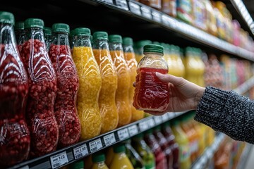 Person Holding Juice Bottle in Grocery Store Aisle