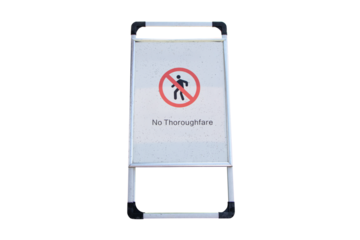 Sign Icon No Thoroughfare on white plastic sheet with walking people icon isolated on cut out PNG or transparent background. Symbol be respected prohibitions. Tourists not to enter restricted areas.