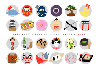 日本の手描きイラストセット　背景丸枠付き