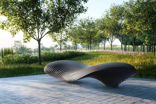 Modern wavy bench designed for a public park, offering both comfort and aesthetic appeal.