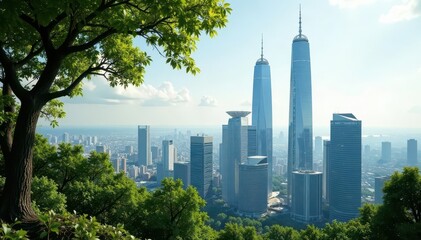 Fototapeta premium Elevated view, skyscrapers partially obscured by branches, image, skyscrapers, modern