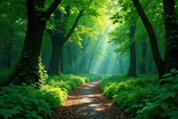 Naklejka premium Emerald canopy, rich understory, winding path , shadow, ancient forest