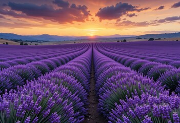 Obraz premium Serene Lavender Field At Dusk. Breathtaking Landscape With Purple Blooms. Gentle Breeze. Warm Sunset Colors. Mountain View. Tranquil Scene. Captivating Beauty. Nature's Harmony.
